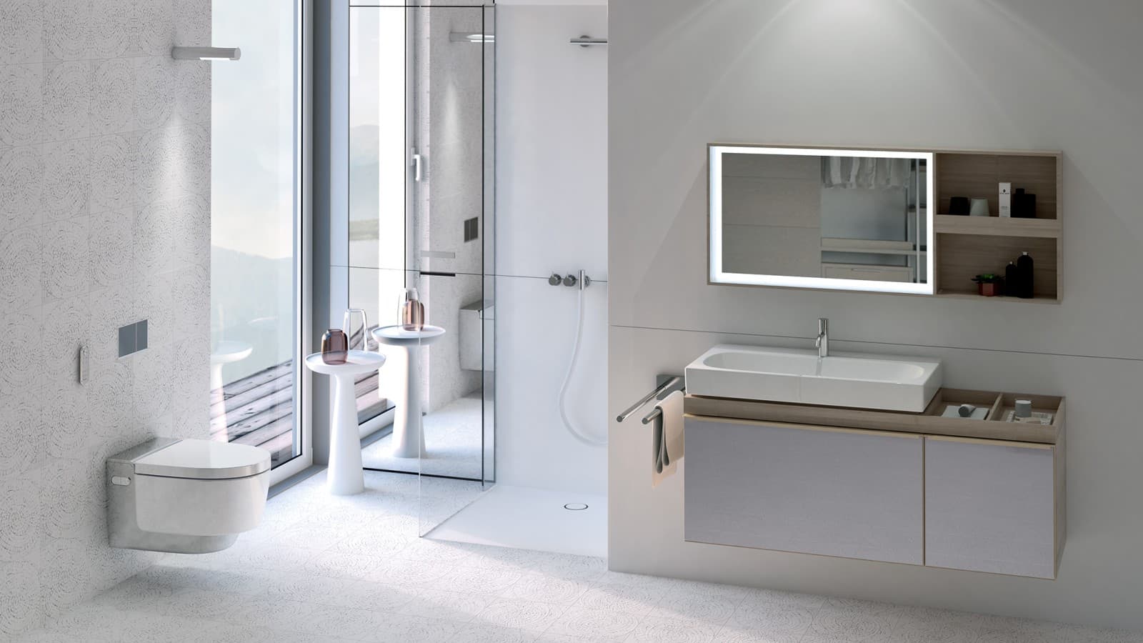Kúpeľňa s chrómovou sprchovacou toaletou Geberit AquaClean Mera Kúpeľňa s chrómovou sprchovacou toaletou Geberit AquaClean Mera