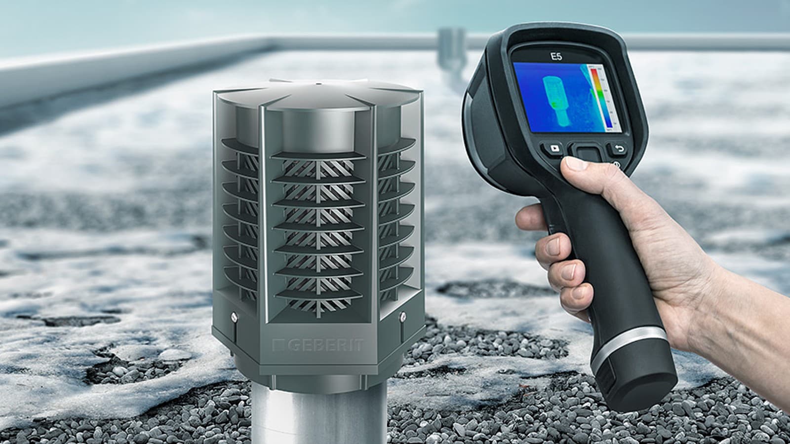 Tepelná snímka ukazuje, že energeticky úsporná vetracia hlava Geberit ERV minimalizuje energetické straty Tepelná snímka ukazuje, že energeticky úsporná vetracia hlava Geberit ERV minimalizuje energetické straty