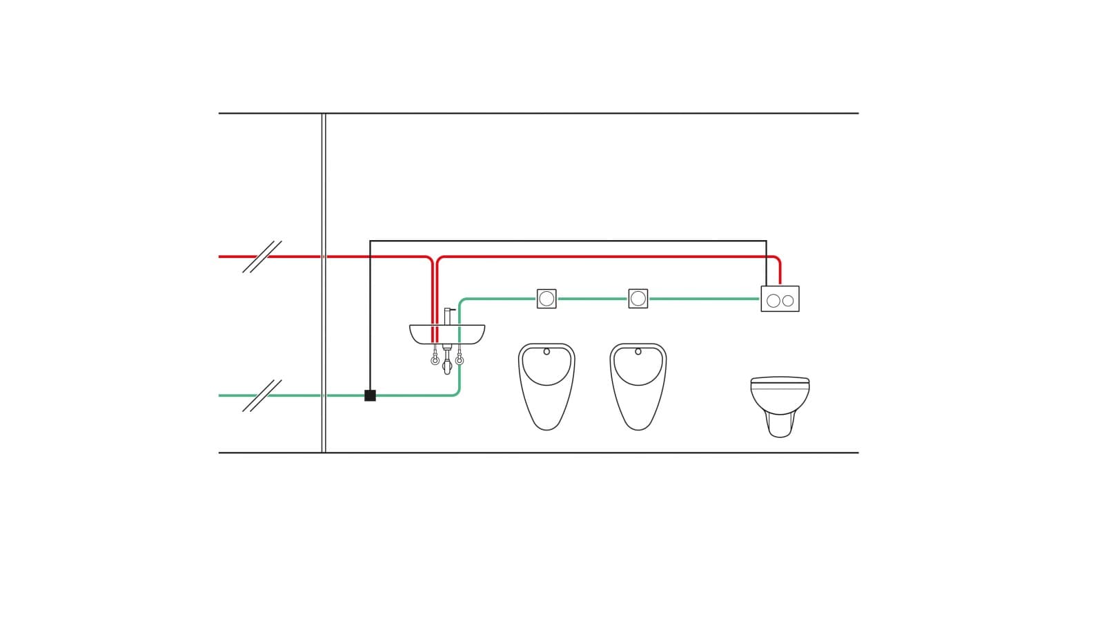 Príklad potrubia s teplotne riadeným hygienickým preplachovaním integrovaným v podomietkovej nádržke a s využitím teplotného senzora (© Geberit) Príklad potrubia s teplotne riadeným hygienickým preplachovaním integrovaným v podomietkovej nádržke a s využitím teplotného senzora (© Geberit)