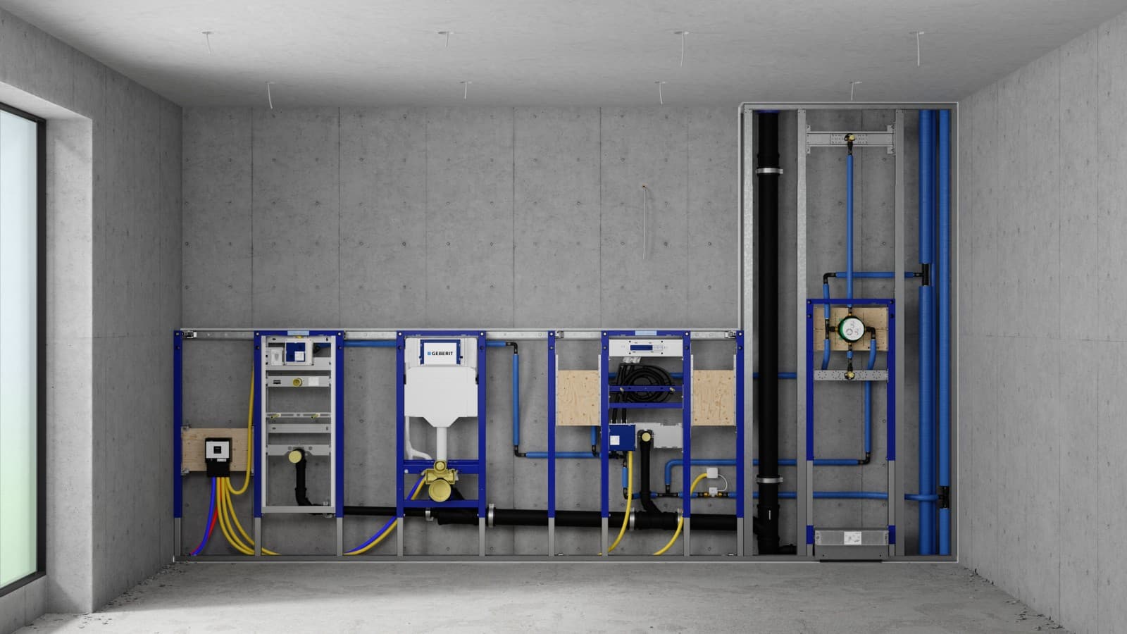 Inštalačná stena s prvkami Geberit Duofix pre pisoár, WC, umývadlo a sprchu Inštalačná stena s prvkami Geberit Duofix pre pisoár, WC, umývadlo a sprchu